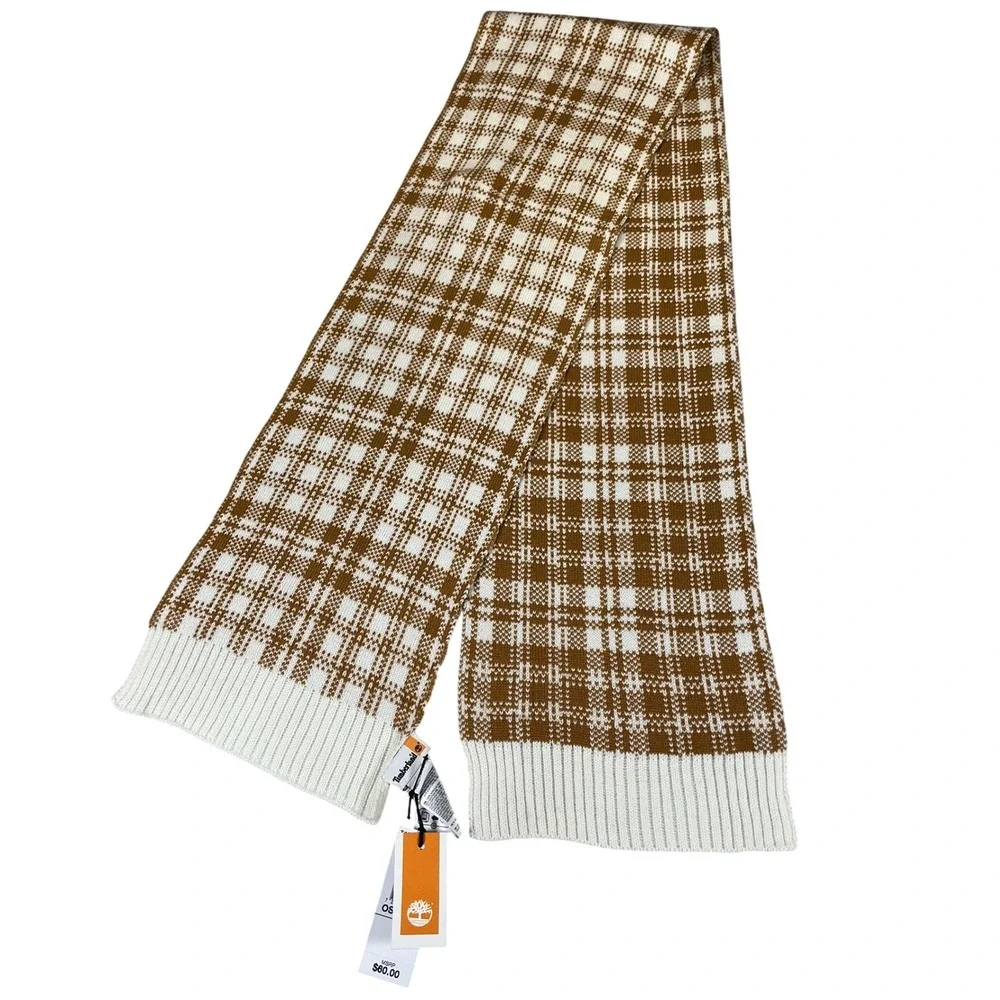 Timberland Scarf Plaid Brown Cream Acrylic Knit OS‎ Unisex Winter Classic
